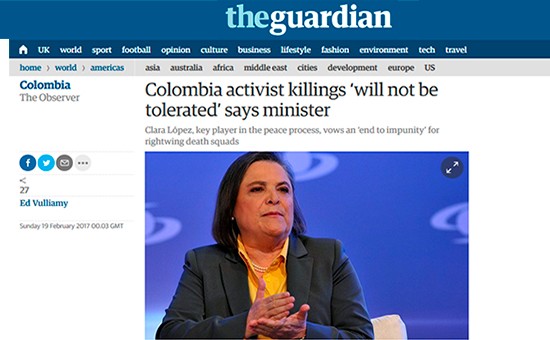 Ministra Clara Lopez en portada del diario The Guardian.